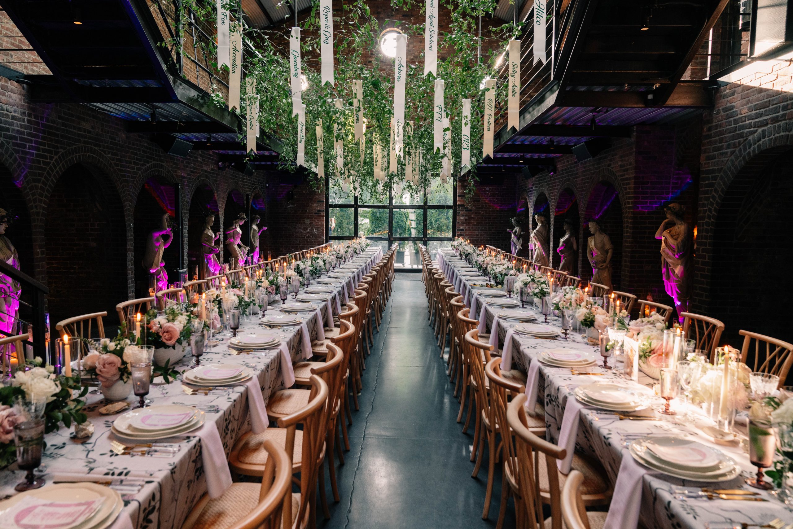 The Foundry venue set with hanging greenery for a non profit event.