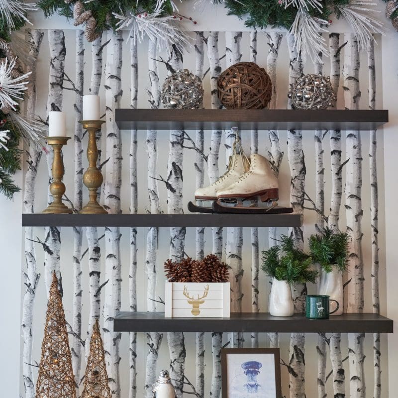 decorations on shelves on a wall