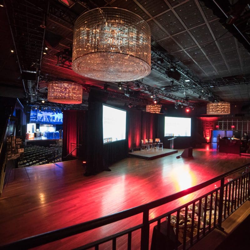 large interior event space with round chandeliers and podium
