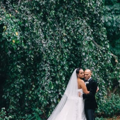bride and groom embracing