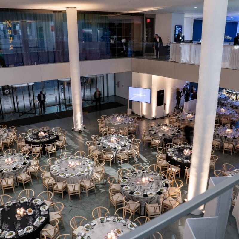 Aerial shot of seated dinner event at MoMa in NYC