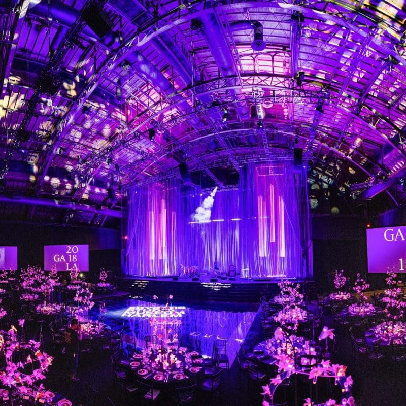 interior venue event space with beautiful purple lighting
