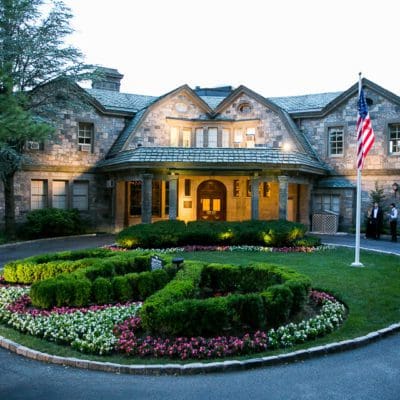 Exterior shot of the Tappan Hill Mansion entrance