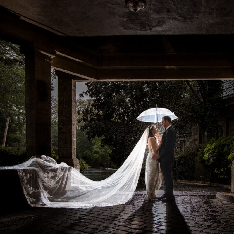 wedding couple under umbrella at night
