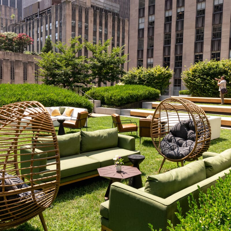 Outdoor event space at Radio Park rooftop NYC overlooking buildings