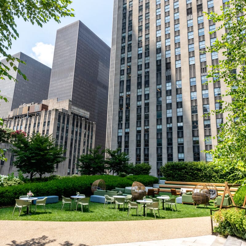 Outdoor event space at Radio Park rooftop NYC overlooking buildings