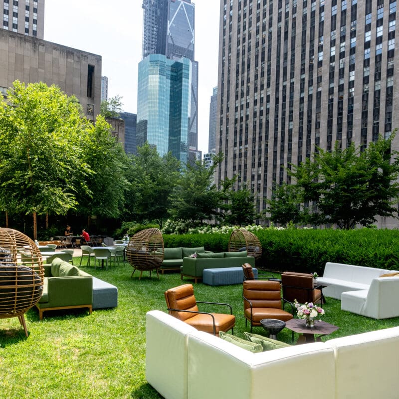 Outdoor event space at Radio Park rooftop NYC overlooking buildings