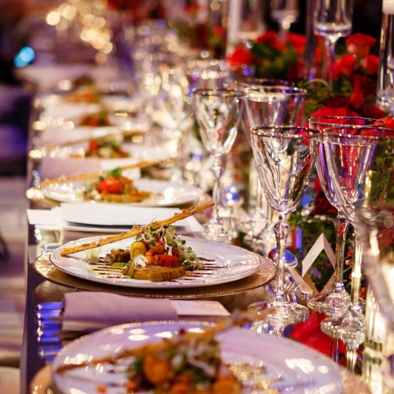 Fine dining area with table settings