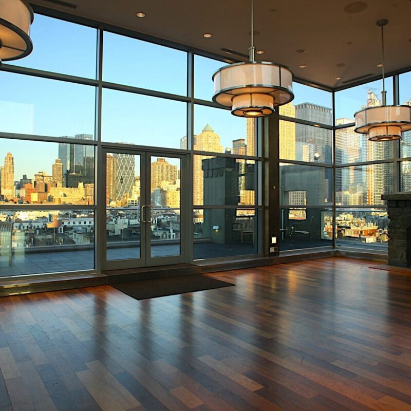 large interior venue with fireplace and outdoor balcony