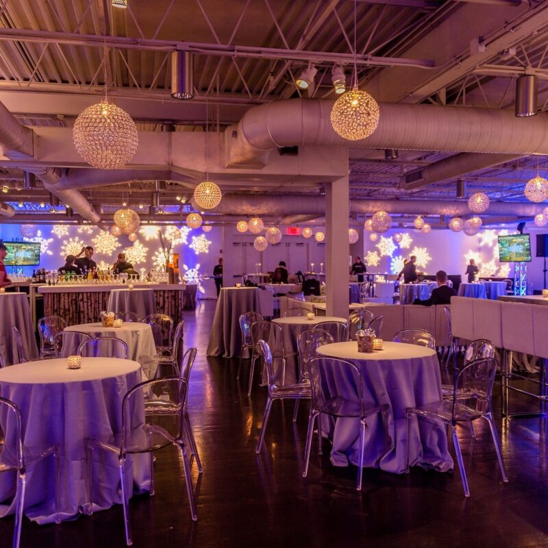 the loading dock set up for a winter holiday party
