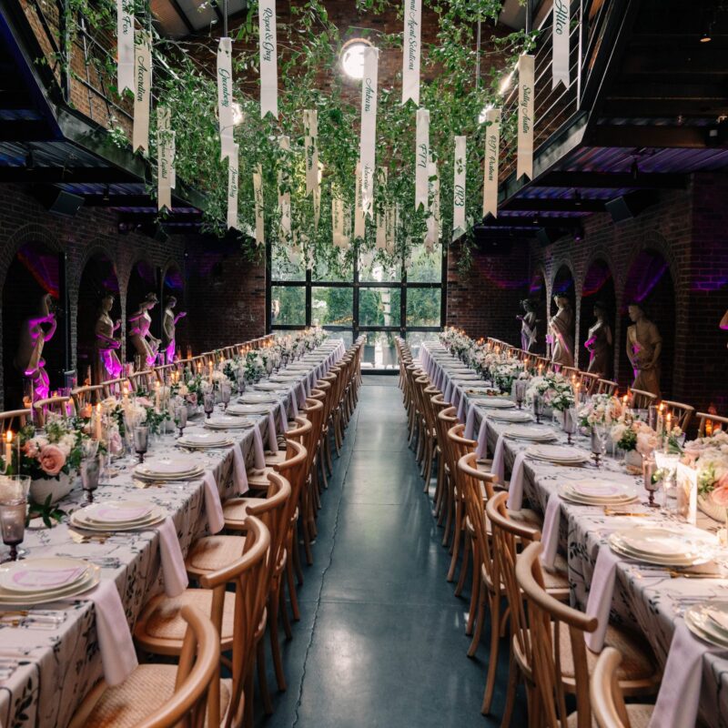 The Foundry venue set with hanging greenery for a non profit event.