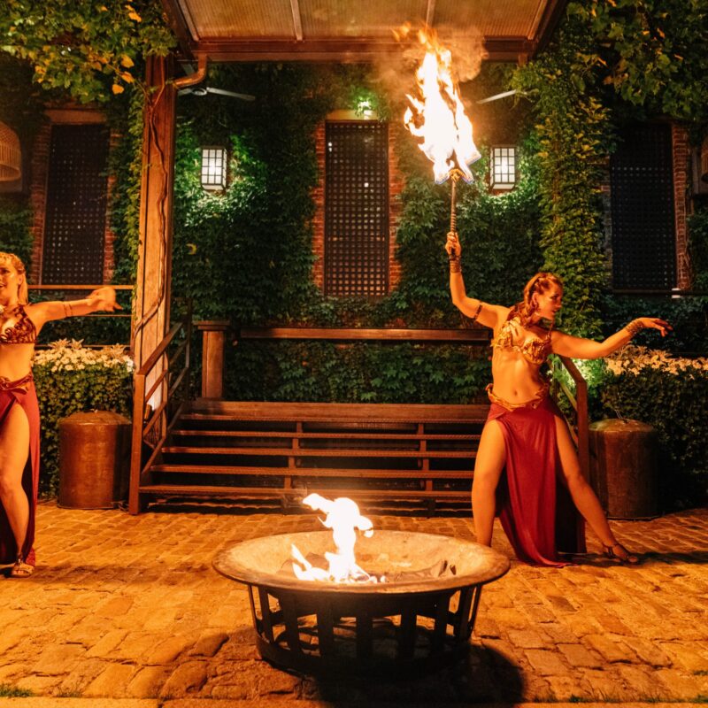Fire dancers performing outside The Foundry