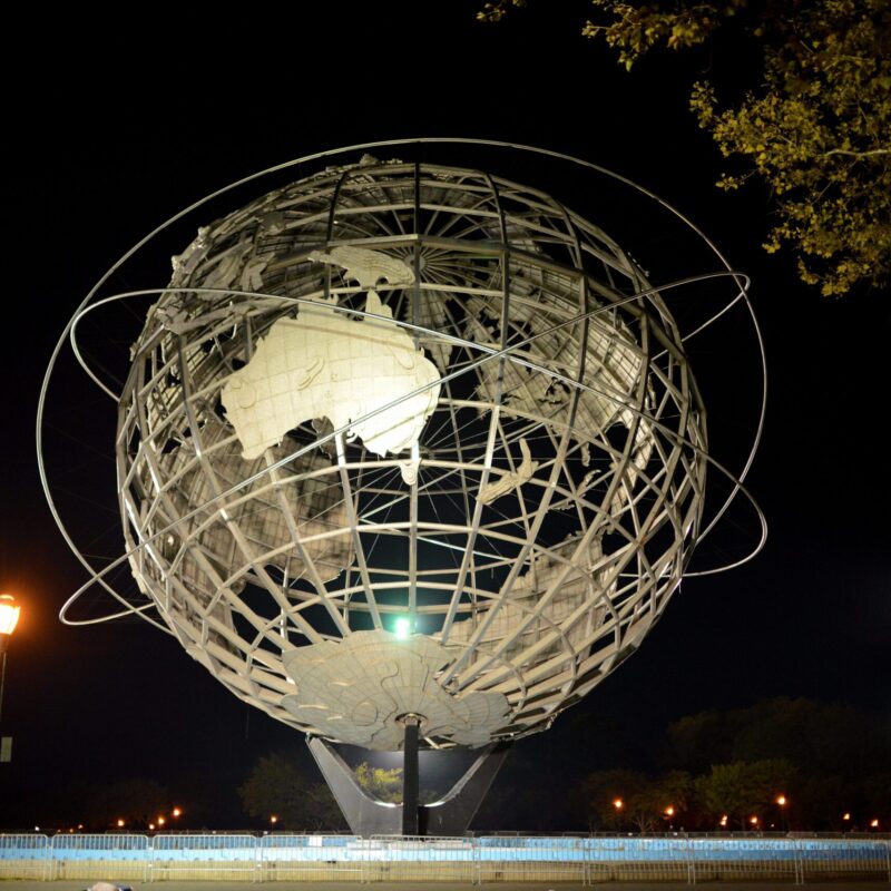 globe statue outside of queens museum